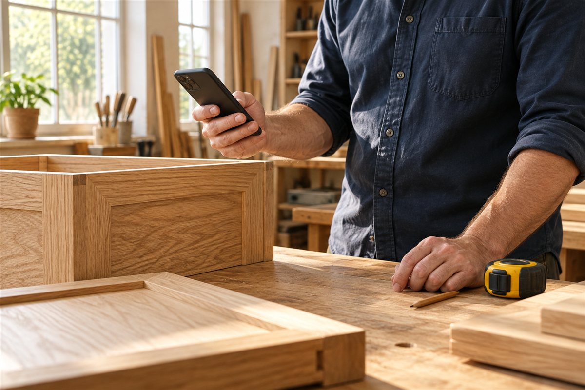 Contractor in a navy shirt checking a phone at a sunlit oak workbench